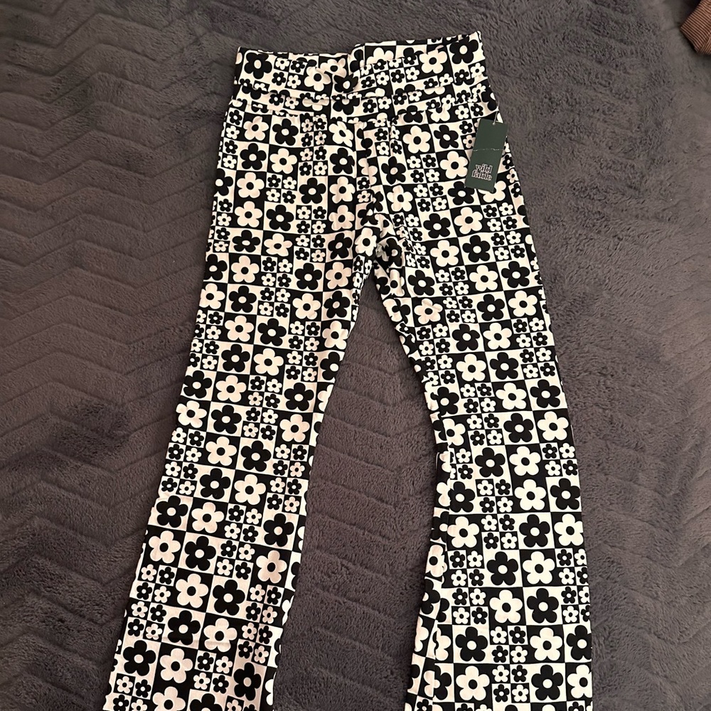 Wild Fable Cotton Black Floral Checkered Flare Pants SZ S |NWT